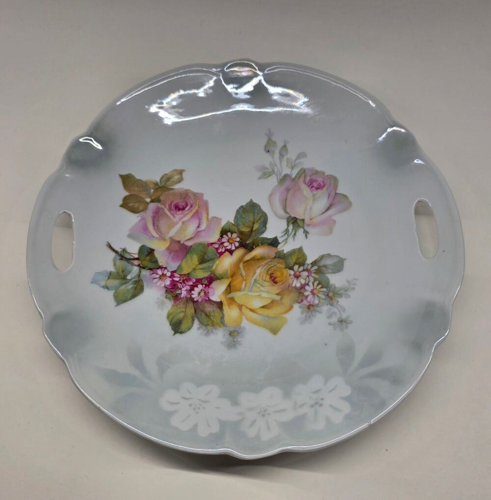 D&B Germany Porcelain Handled Serving Tray Floral Roses Scalloped 11"